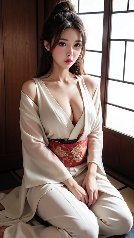 beautiful girl,sexy,brown hair,White eyes,tan skin,Wear a shoulder-baring kimono,Sitting in a traditional Japanese style bedroom