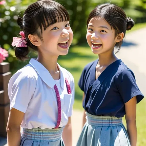 Japanese,10 years old,Summer clothes,camisole,skirt,look up,Please open your mouth,Stick out your tongue cutely,Showing tongue,cute,Twin bun hairstyle