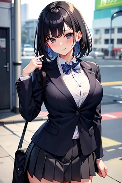 Student Blazer、Pleated skirt、high school girl、cute、Black Hair、Big Tits