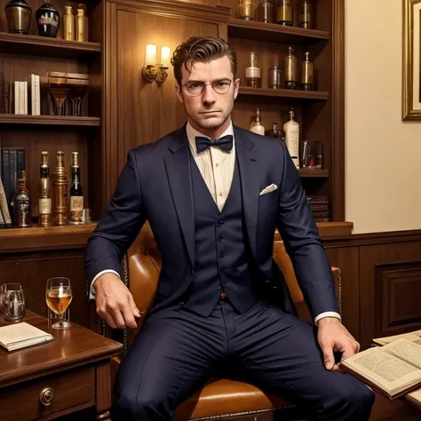 man having a glass of whiskey sitting in his office inside the mansion with a bookshelf behind him dressed in a suit