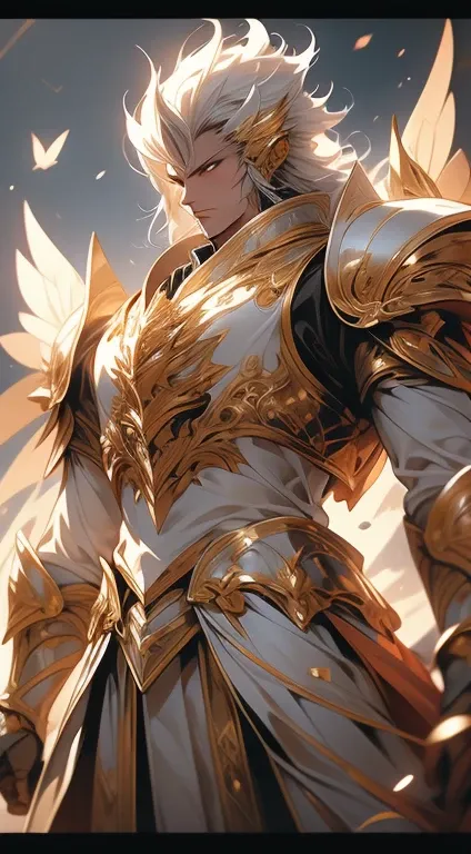 A man, silver hair, gold Eagle knight, fine armor, intricate design, red details, silk, cinematic lighting, 4k, floating hair, sharp, prism, shining knight