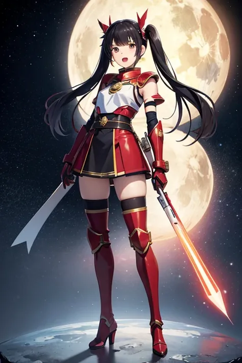 Anime Art、Full body portrait、Space SF General、A tall Japanese woman, about 20 years old, standing upright, about 185cm tall, wearing red armor and holding a gunbai in her right hand、Open mouth and screaming、Black hair in twin tails with a large hair access...