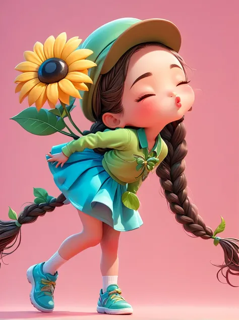 Cute little girl with long braids，Kissing in front of the camera，Wearing a skirt，Holding a huge flower，(Close one eye:1.6)，3D Rendering，Solid color background，close up，chibi anime，Surrealism，cartoon Q version, by Tiago Hoisel