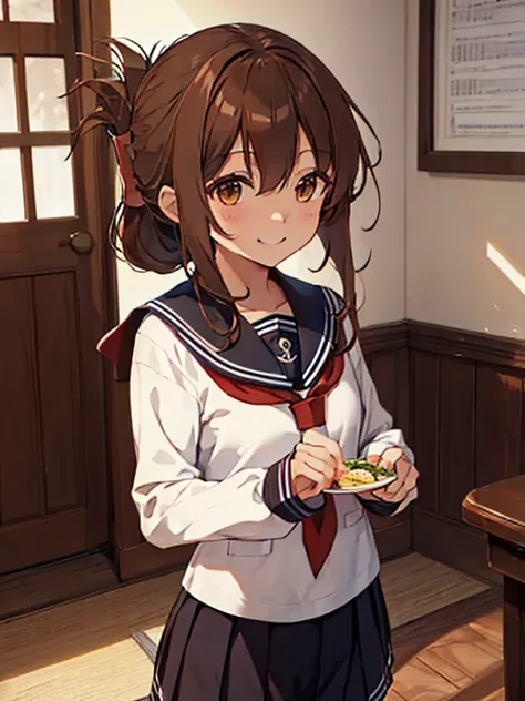 highest quality, tabletop, high resolution, 一人in, {inazuma_fleet collection:1.15}, brown_hair, folded_ponytail, brown_eye, seraf...