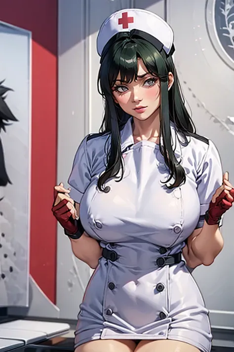 nurse uniform,hospital, latex nurse suit,nurses,busty,elbow gloves,labcoat,dark green hair woman,white eyes , gigantic ,medical instruments,asian nurse,two nurses,speculum,examination room,oversize ,big ass ,strap on, lay on table ,legs spreaded,giving bir...