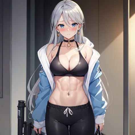 (((masterpiece))), ShizukaMikazuki, One Girl, alone, Looking at the camera, Long Hair, Gray Hair, Long sleeve, Cleavage, Very large breasts, Mature Body,Adult face,clavicle, Jacket, Open clothes, open Jacket, blue hoodie, Black sports bra, Black hot pants,...