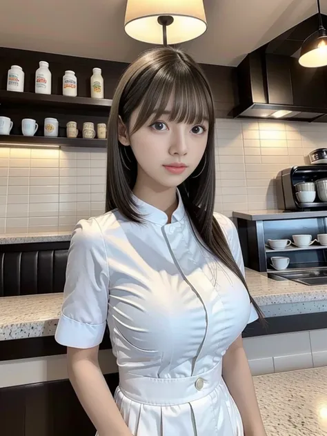 highest quality,8K,masterpiece,high resolution,The background is a cafe,Three Women,Cafe attendant costume,Larger breasts、Bob cut hair