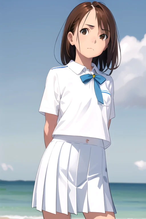 1girl, solo, standing upright, (from front:2), medium brown hair,  closed mouth, small breasts, flat chest, arms behind back, white shirt, sea-blue skirt, pleated skirt, blue sky,