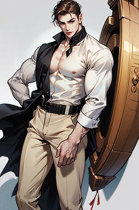 man, muscular body, 27 years old, no beard, black eyes, pale skin, brown hair, straight hair, short hair, red lips, big butt, huge chest, wears white dress shirt, black dress pants