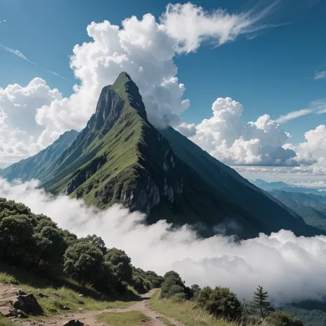 A very high and steep hill, the peak is covered by clouds and far behind the wilderness 