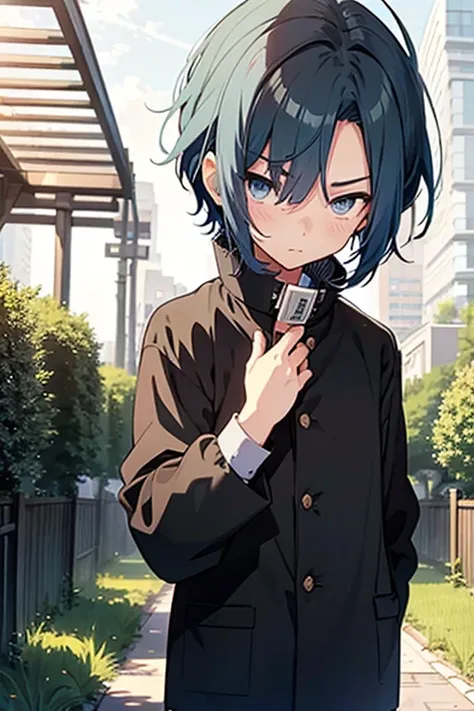 young boy, tall boy,  blue hair, bob hair cut, blue eyes, wearing black student outfits, black gakuran, anime boy, shy face, in ...