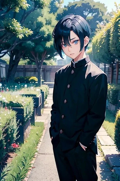 young boy, tall boy,  blue hair, bob hair cut, blue eyes, wearing black student outfits, black gakuran, anime boy, shy face, in ...