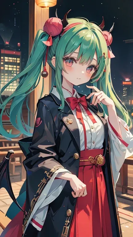 Japanese anime style.
Hong Kong at night, Park with dancing cherry blossoms.
A cute magical girl and a cool male demon king are enjoying the Parapara dance.
[Cute Magical Girl Features]
Long light green twin tails.
The hair accessories are beautiful, but、U...