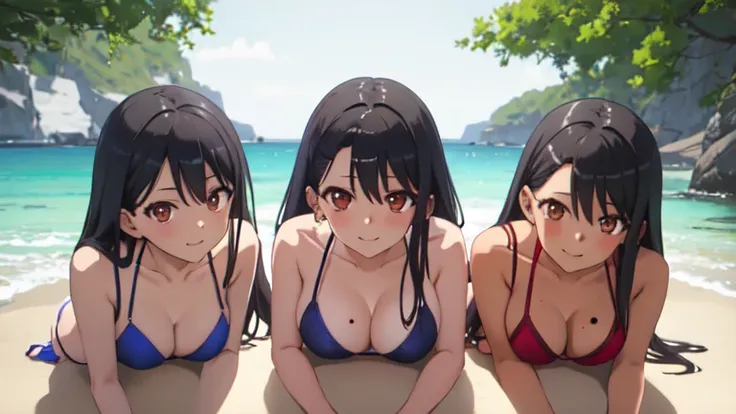 best quality, masterpiece, highres, trio, (nagatoro_hayase_donttoywithmemissnagatoro:1.10), 3girls, triplets, identical sisters,...