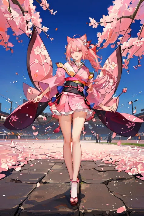 "anime girl, 1 person, pink hair, pink cat ears, pink eyes, kimono, cherry pink kimono, cherry blossom petal pattern on shirt, long stockings, big breasts, festival, New Years Eve fireworks, watching  fireworks, night, smiled shyly,solo, looking from diffe...