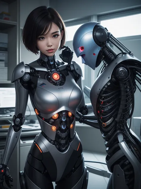 robot-girl，short detailed hair，Metal body，She is a doctor，Taking care of the elderly