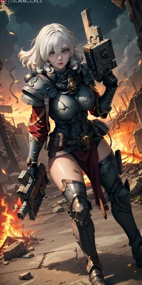 (masterpiece:1.2), (best quality:1.2), perfect eyes, perfect face, perfect lighting, 1girl, mature whsororitas with a laser rifle in her hands, scar over one eye, eyepatch, red tabard, white hair, warhammer 40k, chaos, fire, scifi, detailed ruined city bac...