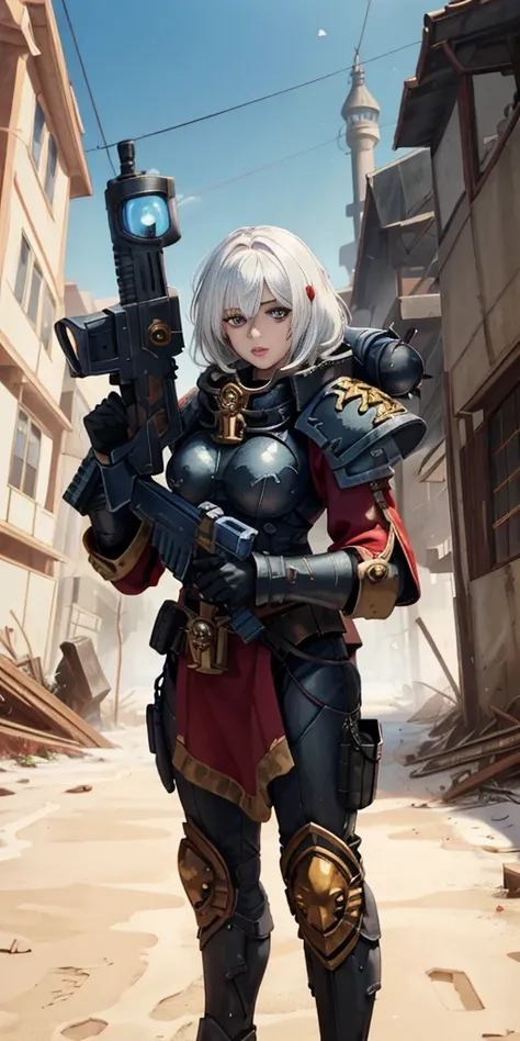 (masterpiece:1.2), (best quality:1.2), perfect eyes, perfect face, perfect lighting, 1girl, mature whsororitas with a laser rifle in her hands, scar over one eye, eyepatch, red tabard, white hair, warhammer 40k, chaos, fire, scifi, detailed ruined city bac...