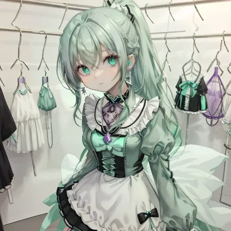 Mint green hair，Purple hair long hair，ponytail，Earrings，White Beauty，beautiful girl，gem，necklace，Gothic Lolita，Miniskirt，Magical girl