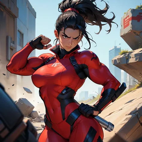 In the vibrant and dynamic world of comics, a powerful figure emerges from the empty landscapescape. The Red She-Hulk, a formidable female character known for her strength and determination, is depicted in high resolution with her black hair cascading down...