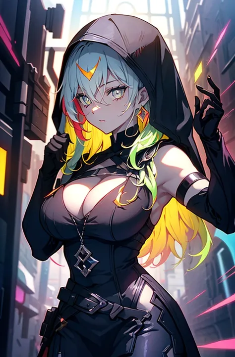 Dark Night Background, Neon-lit night city, Big city, Running in the sky, girl１people, サイバーパンクアニメのgirl mech,　Lines of Light, Holographic,　A dynamic pose,,Cowboy Shot, ,High quality generation of dark female characters, Unreasonable,Her figure is terribly b...