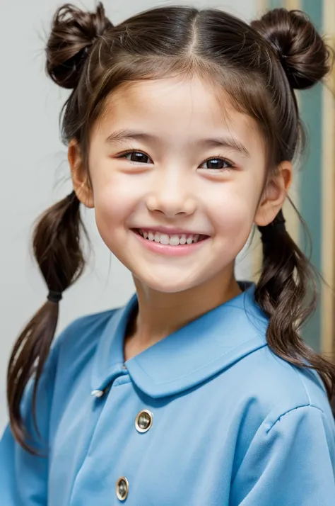 A 7-year-old girl with dark brown hair in two ponytails、Illustration of the mother smiling and looking at us