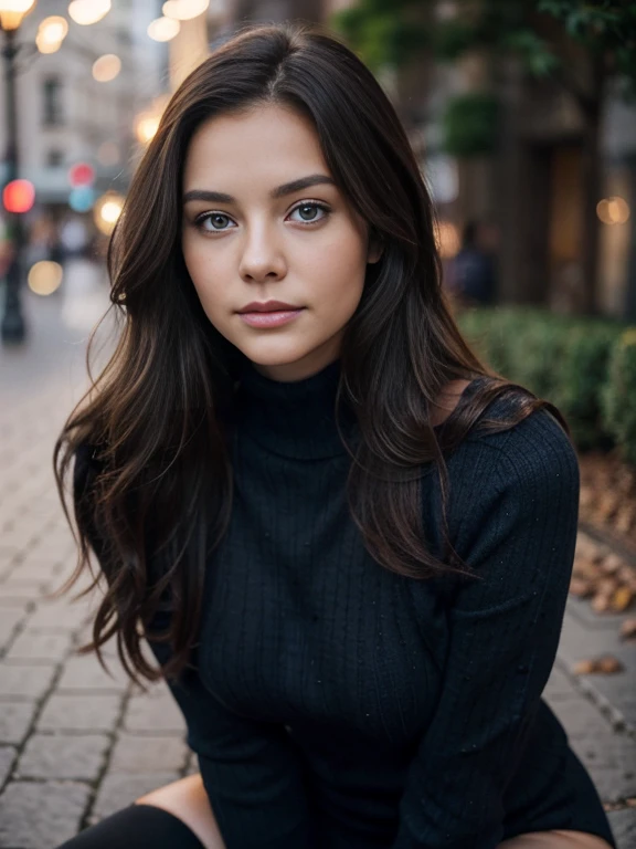 image of a beautiful brunette woman, natural appearance, beautiful model, long wavy hair, blue eyes, 1:4 portrait, bokeh, beautiful, wearing tight black stockings, a round neck sweater, sexy