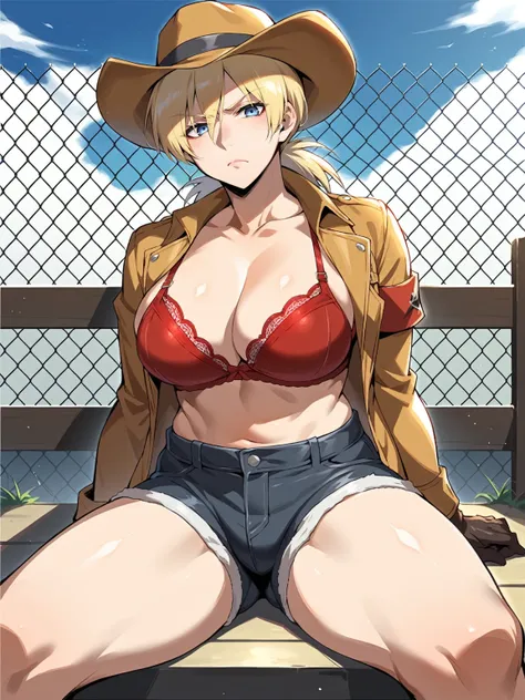 Score_9, score_8_up, score_7_up, source_anime, rating:safe, sfw, safe for work, 1girl, solo, large breasts, jacket, blonde, blue eyes, hellsing, mature, mature female, clothed, lying against fence, leaning on fence, frown, ikuchan, see through, transparent...