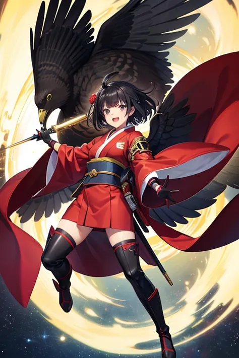 Anime Art、Full body portrait、Space SF sorcerer、A Japanese woman around 24 years old, about 170cm tall, wearing a red kimono, engaged in falconry.、Short black hair、Laughing with mouth open、Arm guard、Leggers、boots、gloves、The hawk is flying