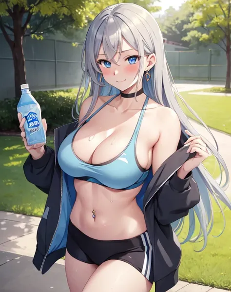 (((masterpiece))), ShizukaMikazuki, One Girl, alone, Looking at the camera, Long Hair, Gray Hair, Long sleeve, Cleavage, Very large breasts, Mature Body,Adult face,clavicle, Jacket, Open clothes, open Jacket, blue hoodie, Black sports bra, Black hot pants,...