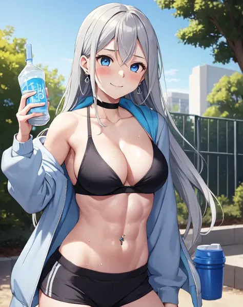 (((masterpiece))), ShizukaMikazuki, One Girl, alone, Looking at the camera, Long Hair, Gray Hair, Long sleeve, Cleavage, Very large breasts, Mature Body,Adult face,clavicle, Jacket, Open clothes, open Jacket, blue hoodie, Black sports bra, Black hot pants,...