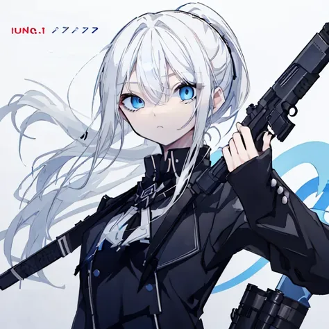 White Hair，Long Hair，ponytail，Blue Eyes，Sharp Eyes，Assassin，Aim at the target，Black clothes，Holding a gun，Ready your gun?，Arm yourself，A flawless expression，cool