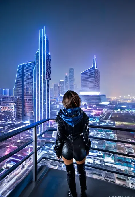 image taken from behind the shoulder of a girl with her back turned and dressed in a hood from a balcony of a futuristic buildin...