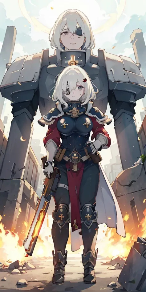 (masterpiece:1.2), (best quality:1.2), perfect eyes, perfect face, perfect lighting, 1girl, mature whsororitas with a laser rifle in her hands, scar over one eye, eyepatch, red tabard, white hair, warhammer 40k, chaos, fire, scifi, detailed ruined city bac...