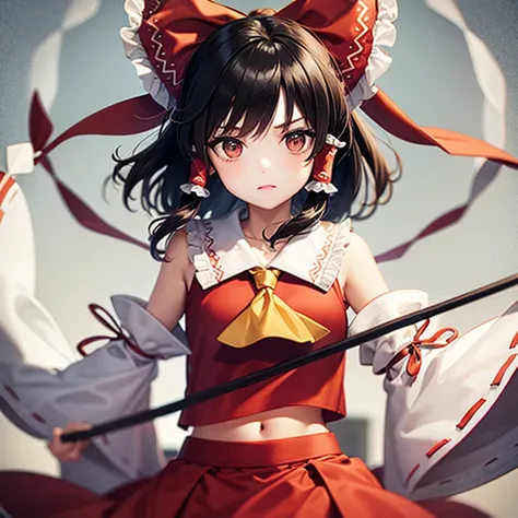 hakurei reimu, red bow, yellow ascot, bare shoulders, ribbon trim, skirt set, detached sleeves, ribbon, hair tubes, brown hair, black hair, brown eyes, sidelocks, hair bow, gohei, bow, long hair, bangs, skirt, navel, ribbon-trimmed sleeves, frilled bow, re...