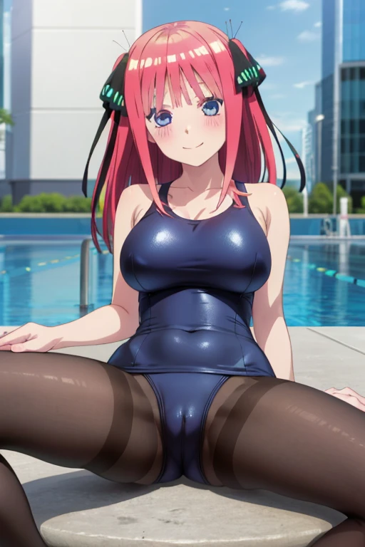 best quality, ultra-detailed masterpiece, anime art style, cute character, nino nakano, large breasts, blush, smile, one-piece swimsuit, pantyhose, pussy focus, open legs,