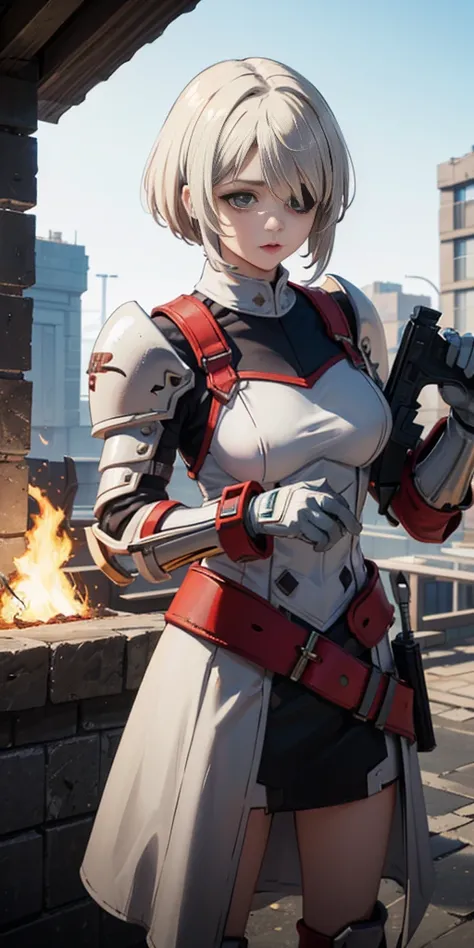 (masterpiece:1.2), (best quality:1.2), perfect eyes, perfect face, perfect lighting, 1girl, mature whsororitas with a laser rifle in her hands, scar over one eye, eyepatch, red tabard, white hair, warhammer 40k, chaos, fire, scifi, detailed ruined city bac...