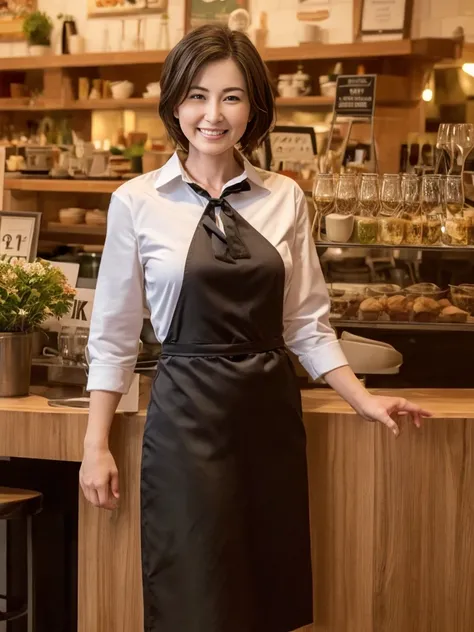 (highest quality),(8K),(masterpiece),(high resolution),(Photorealistic),(Mature women in their 40s),(3 mature women),The background is a cafe,(Larger breasts),Short Hair,Full Body Shot,Waitress Uniform,smile,Slender,Beauty,Narrow waist,