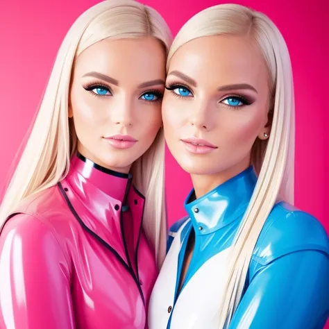 ((best quality)), ((meisterwerk)), (detailliert), perfektes gesicht, gorgeous twin girls,blondes haar, pink blue latexbluse, pin...