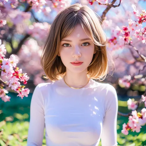 (realistic, highres, masterpiece:1.2), ultra-detailed, beautiful elvish ears, upper body, ella freya, garden full of japanese ch...