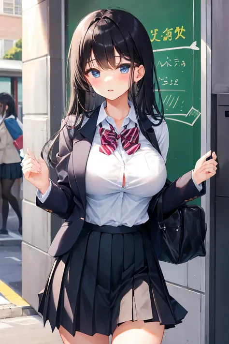 Student Blazer、Pleated skirt、high school girl、cute、Black Hair、Big Tits