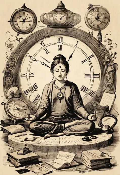 person surrounded by stress-inducing items (clock, phone, to-do list) and a calm aura starting to surround them as they meditate...