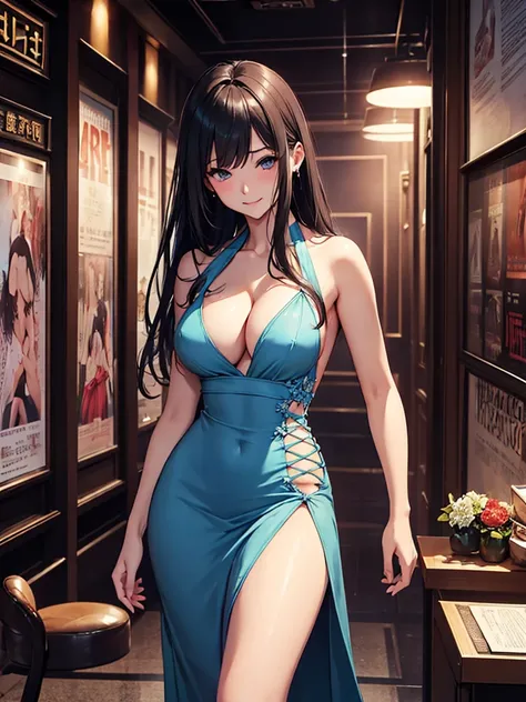 (​top-quality、hight resolution)、First Class Stripper、(((Seduction dress)))、(loud laugh)、Lewd eyes、nsfw、from front、Strip theater、Strip hall、Emphasizes cleavage