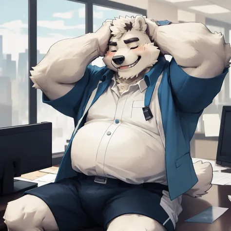 New Jersey 5 Furry,polar bear，portrait,Unique，Exquisite， Chubby，Fat，Thick arms，Rugged muscles，White plush fur，Chubby脸，Black eyebrows，Sky blue eyes，Beard， In the office，White suit，Work clothes，shorts，(((Place one hand on your head))），Hands on your head，Smil...