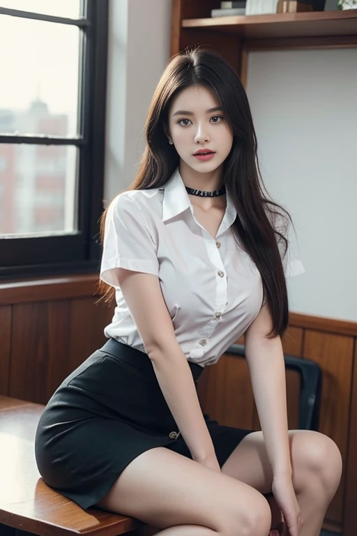 (Masterpiece, best quality, alone, รายละเอียดที่complex, Chromatic aberration), realistic, ((Moderate breath)), hair in one eye,purple eyes, earring, sharp eyes, choker, (symmetrical eyes),(Perfect symmetrical body),Photo of a beautiful 24 year old girl, B...