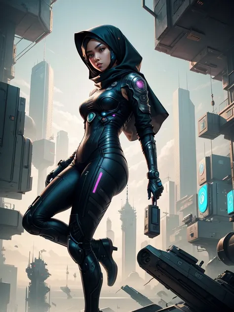 Illustrate a futuristic cityscape where a Malay girl in hijab uses her advanced technology and intelligence to solve complex cyber mysteries and navigate a high-tech, cyberpunk world