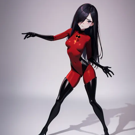 (full body),masterpiece, highest quality, ((one girl)), violet par,  long hair, black hair,  hair on one eye,  (red hero suit)，r...