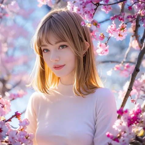 (realistic, highres, masterpiece:1.2), ultra-detailed, beautiful elvish ears, upper body, ella freya, garden full of japanese ch...