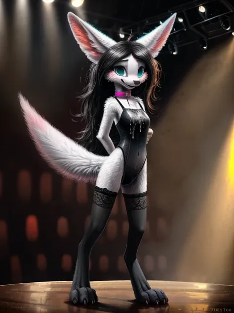 (white fur:1.1), a short digitigrade female fennec, standing on stage in the spotlight, beautiful detailed vivid aqua eyes, beau...