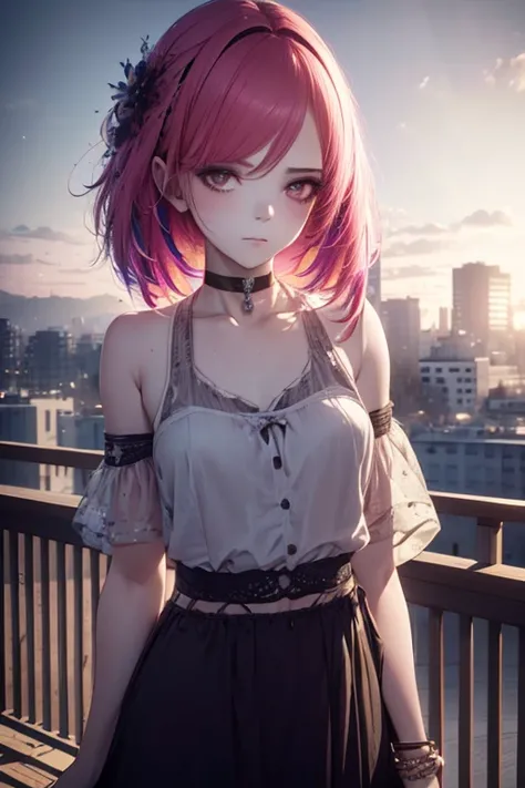 1girl, Wear casual clothes, accessories, choker, balcony, armband, blush, multicolored hair, detailed face texture, beautiful detail eyes, (sensual pose, full shot), (cinematic lighting:1.2), (detailed light:1.1), (stylized:1.3), (Highly detailed), (high r...